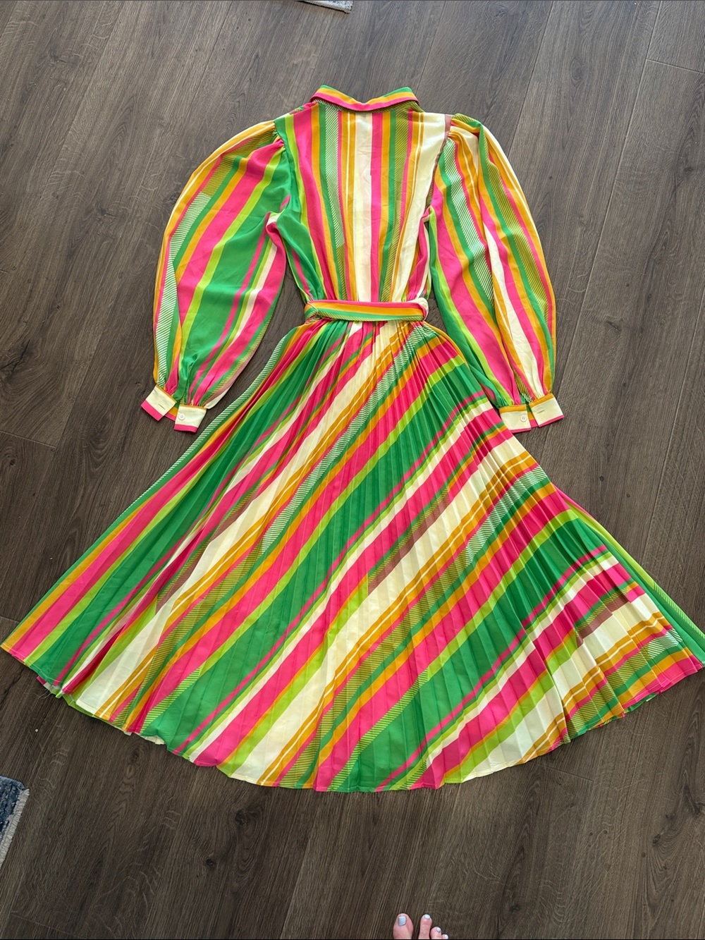 Flying Tomato Rainbow Stripe Pleated Maxi Dress Long Puff Sleeve Tie Waist Small - Picture 7 of 11